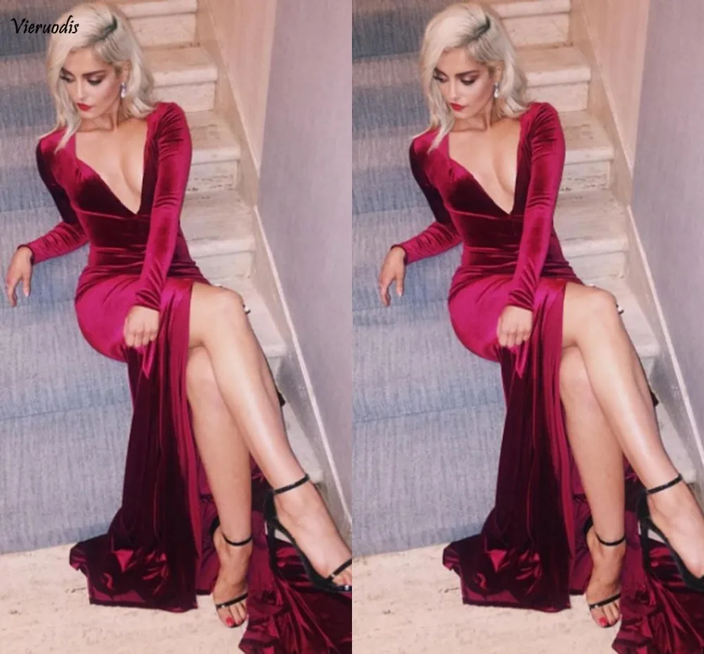 105-1            Wine Red Sexy Velvet Evening Dresses Deep V Neck Long Sleeves High Split Custom Made Burgundy Prom Dresses 2017 Cheap Cocktail Party Dresses