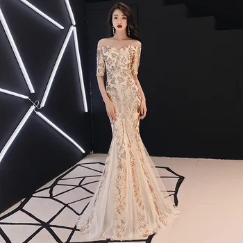 

Elegant Off Shoulder Formal Prom Gowns Sequins Pattern Mermaid Evening Dress Robe De Soiree Champagne Bride Party Dresses