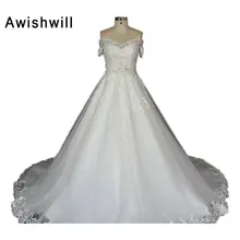 Real Photo Off The Shoulder Lace Appliques Tulle and Satin With Sleeves Romantic Ball Gown Bridal Dress Cheap Wedding Dresses