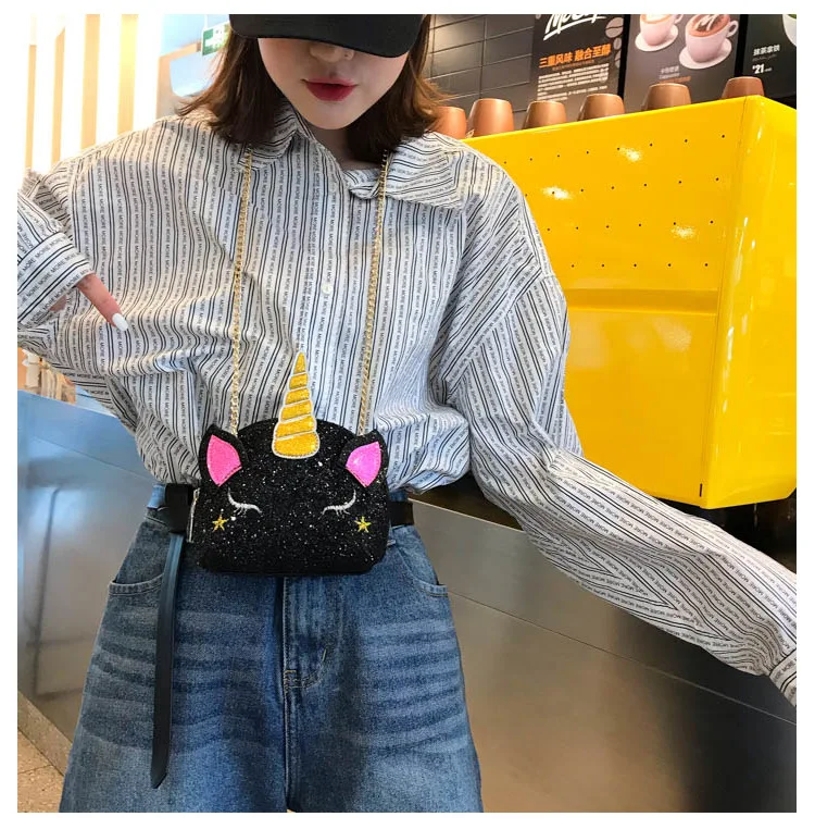 الأزياء يونيكورن حقيبة للفتيات السفر النساء الكرتون الطباعة حقائب كتف الترتر محفظة جلدية مخلب الجملة crossbody حقيبة