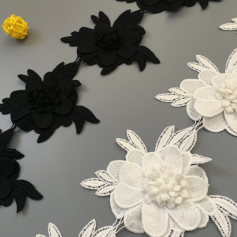 Ширина 13 см вышивка белый черный 3D цветок кружевная отделка DIY Аппликация на одежду украшения кружева ленты LT04