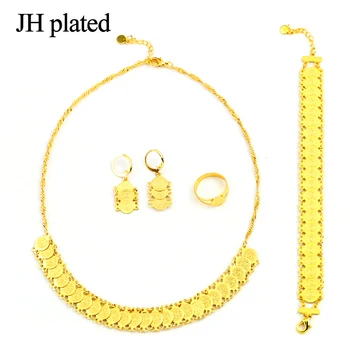

JHplated Arab Dubai Gold Color Jewelry Set For Women African Ethiopian Jewelry Coin Bracelet Earrings Necklace ring Set