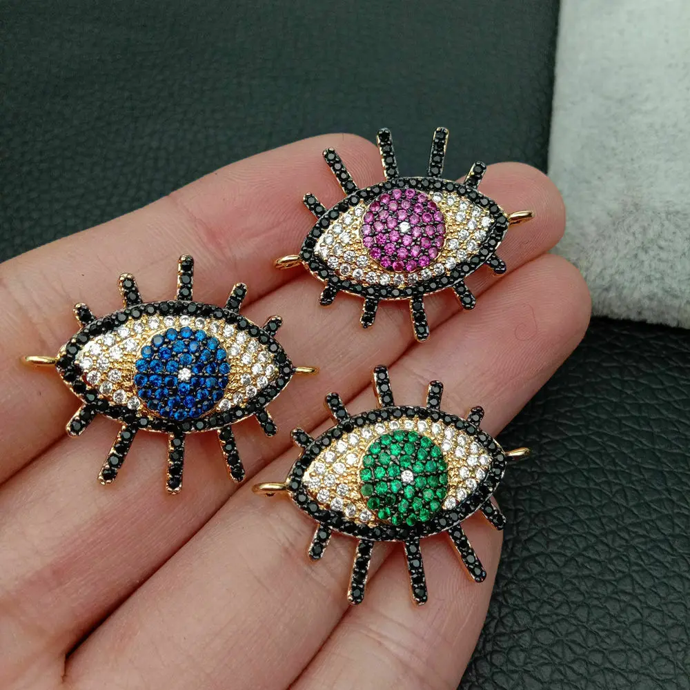 

5pc golden plated Cubic Zirconia micro pave Evil Eye connector charms