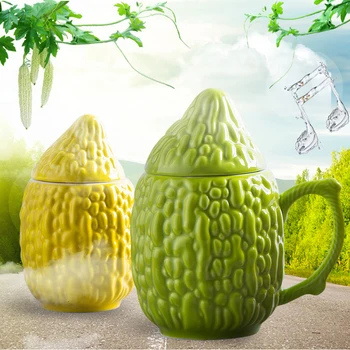 

Creative ceramic mug cute Bitter gourd shape mug office coffee tea cup couple cup with lid home drinking utensils gift to friend