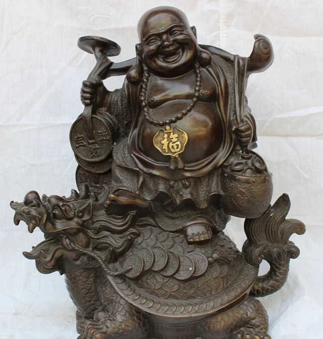 

fast shipping USPS to USA S1624 15" Chinese Pure Bronze Happy Laugh Maitreya Buddha On Shou Dragon Turtle Statue