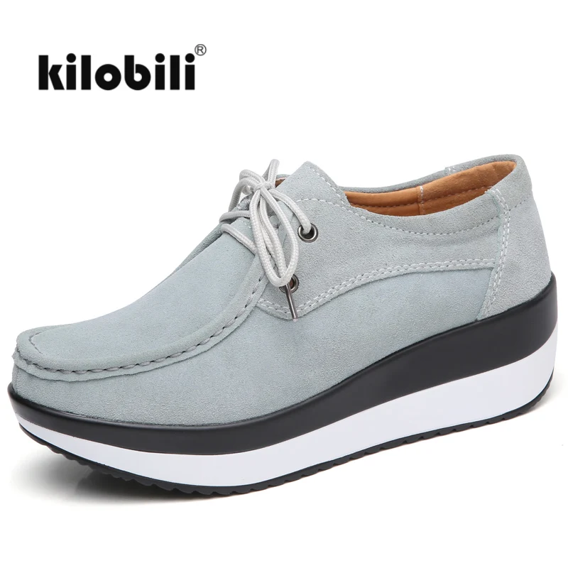 

kilobili 2018 Spring Women Flats Platform Shoes Suede Leather Lace up Women moccasins Loafers Casual shoes Comfortable Creepers
