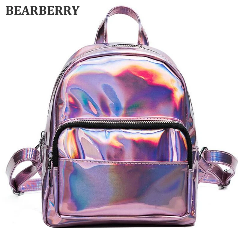 BEARBERRY 2017 New women hologram backpack laser daypacks female silver pu leather holographic bags big girl