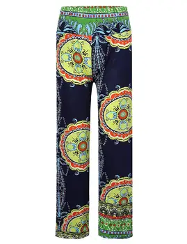 

MISSKY Women Pants Casual Middle Waist Retro Flare Flower Printing Wide Leg Pants Green Color Female Clothes For Summer