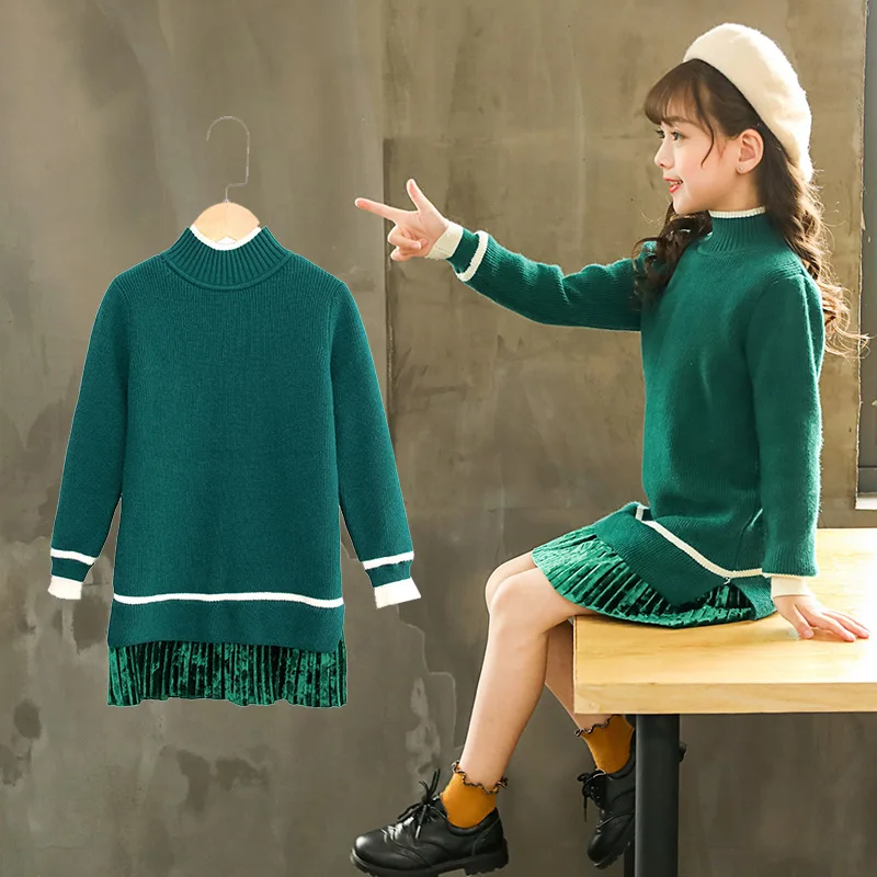 Girls Sweaters Dress Green Lace Knitted Pullovers Warm Thicken Infantil