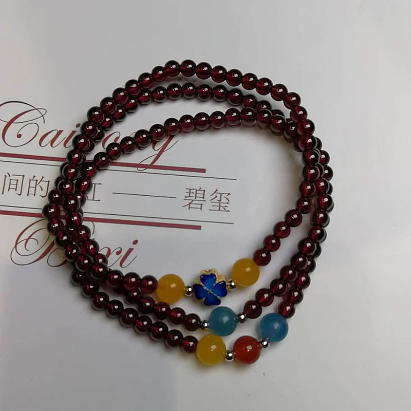 Sinya Girls Four leaves Clover Charms bracelets Strand by high luster quality natural Garnet for lover Mum elastic bangles Hot  (9)