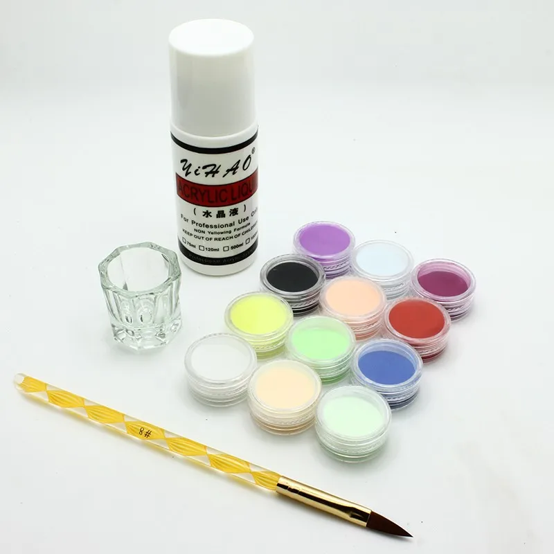 2014 Dropshipping New 15pcsLot Super12 Colors  Nail Art Powder Liquid Brush Pen Crystal Cup NailTool Acrylic Nail Set
