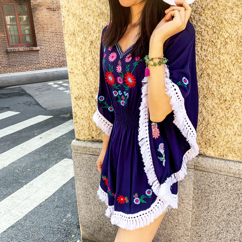 

MUMUZI 2019 new bohemian flower tops holiday style embroidery tassel bat sleeve shirt loose shirt long fringed blouses