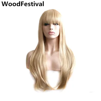 

WoodFestival Heat Resistant Female Long Hair Synthetic Wigs for Women Cosplay Wig with bangs Wavy Blonde Black Brown Burgundy