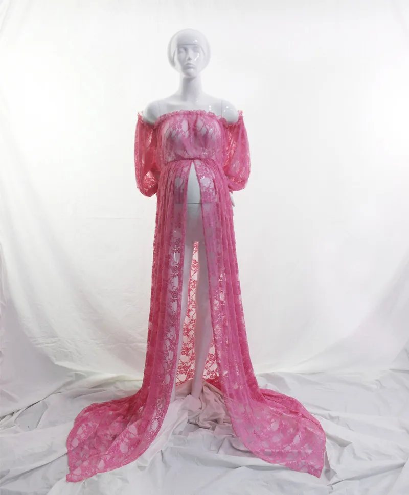 Эластичные кружева платья для беременных оборками Высокая Разделение спереди для беременных фотографии платье Slash шеи Макси Беременность платье DS19 - Цвет: Розовый