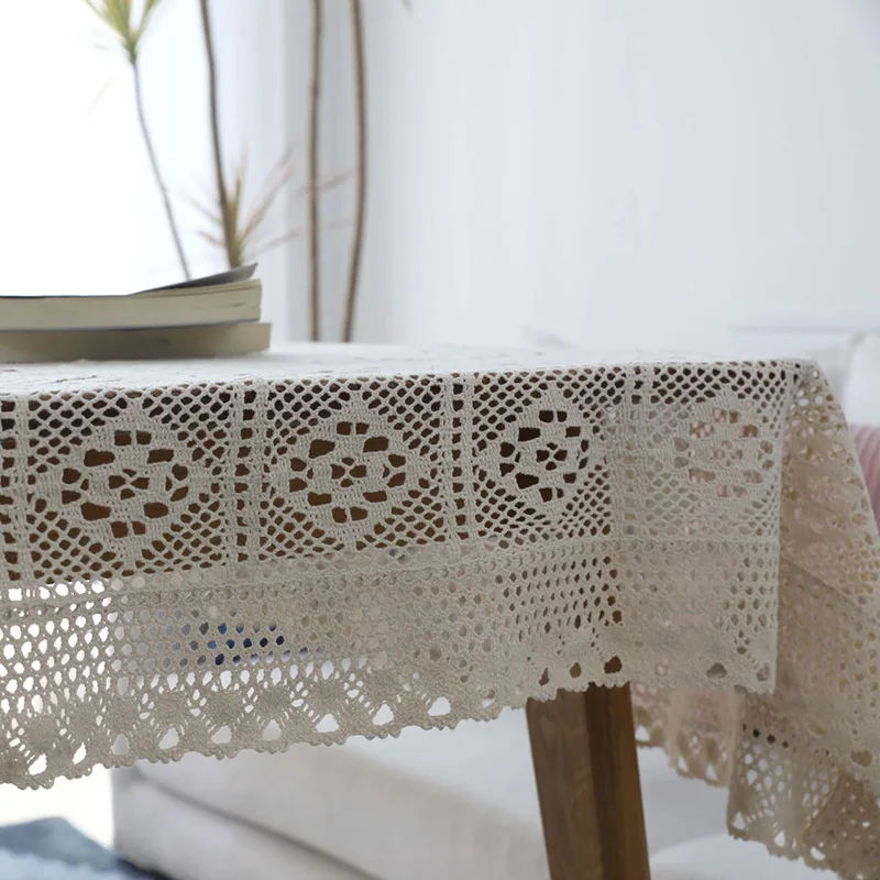 Pastoral Crochet Tablecloth Lace Hollow Out Cotton Table Cover Piano Towel Vintage DIY Dining Table Cloth for Kitchen Home Decor