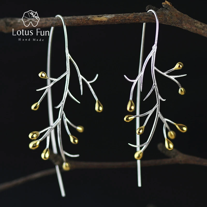

Lotus Fun Real 925 Sterling Silver Natural Creative Handmade Fine Jewelry Statement Tree Fashion Drop Earrings for Women Brincos