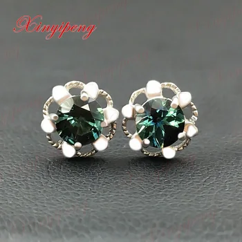 

18 k white gold with 100% natural sapphire studs earrings Blue green color of fire Fine jewelry contracted