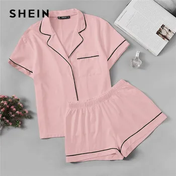 

SHEIN Pink Contrast Piping Pocket Front Shirt Pajama Set Short Sleeve Lapel Top With Elastic Waist Shorts Womens Two Piece Sets