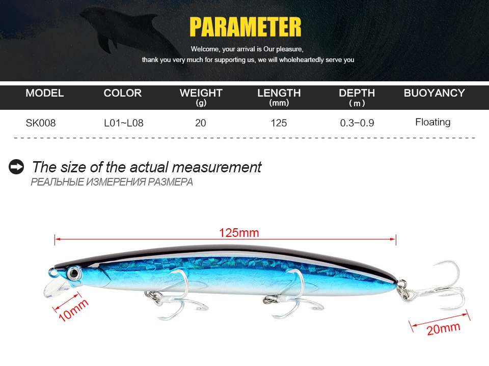 SeaKnight SK008 5 шт. блесна рыболовная приманка 20 г 125 мм 0,3~ 0,9 м поплавок-приманка длинная литая приманка 3 антикоррозионная приманка
