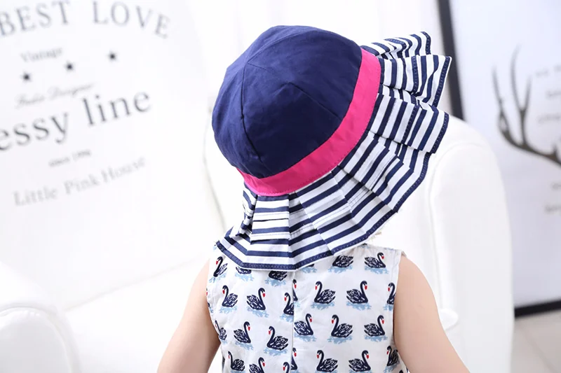 Rose Red Bow Baby Girls Hat Fashion Striped Bucket Hat For Girls Wide Brim Sun Cap Hat Spring Summer Panama Baby Girls Clothing (10)