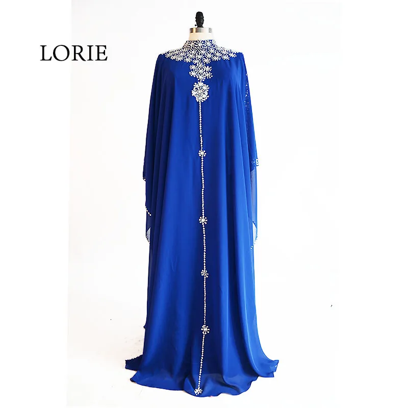 

LORIE Muslim Evening Dress High Neck Beaded with Rhinestones A-Line Chiffon Royal Blue Prom Dress for Party vestido de festa