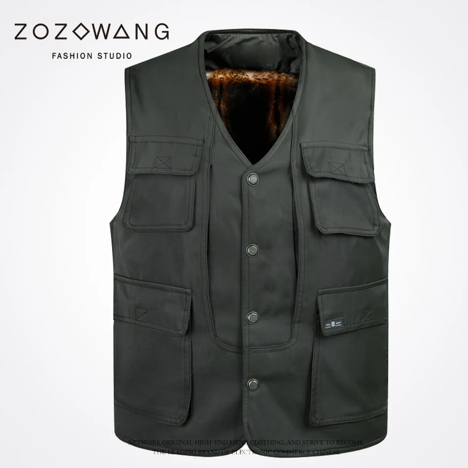 

Zozowang 2017 new solid casual v neck single breasted multiple pockets winter vest men fashion keep warm brushed waist coat men