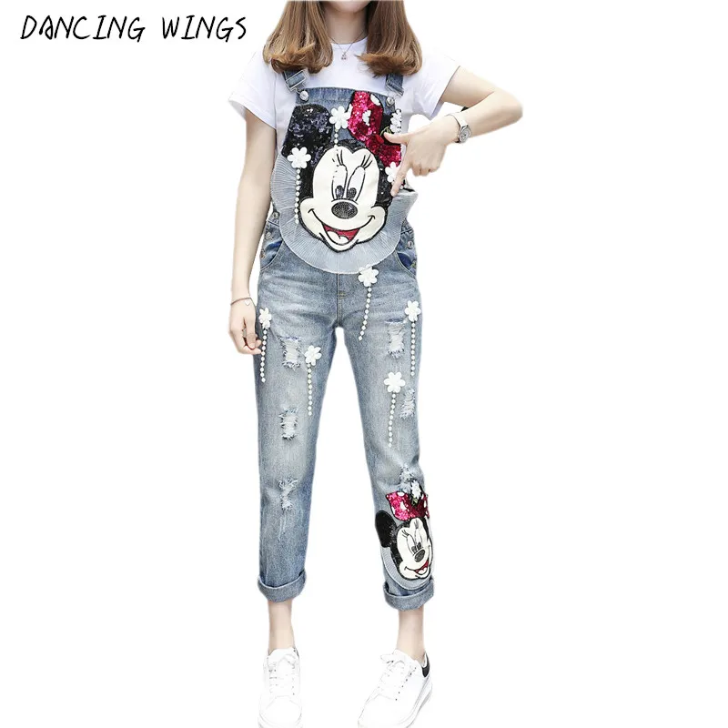 

European Style Cartoon Mouse Prints Women Ripped Hole Denim Jumpsuits Spring Ladies Casual Romper Denim Pencil Overalls