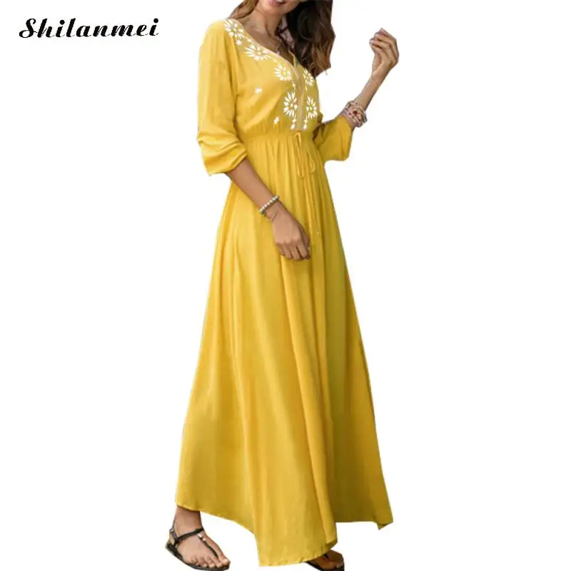 Новое желтое этническое цельное повседневное свободное платье макси с длинным рукавом молочное шелковое цельное платье с бантом элегантное женское платье