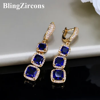 

BeaQueen Trendy Yellow Gold Color Square Cut CZ Long Drop Earrings Royal Blue Cubic Zirconia Crystal Jewelry for Women E095
