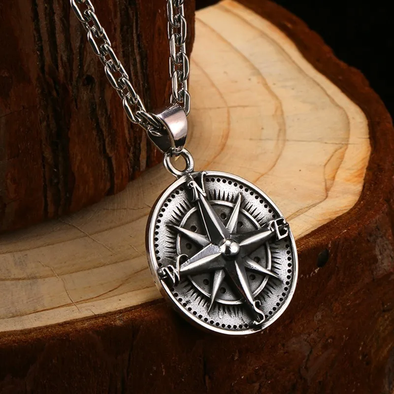 Men Round Compass Pendant Gothic 925 Sterling Silver Vintage Punk Rock Jewelry 