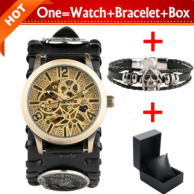 SHENHUA Bronze Skeleton Gear Men's Mechanical Automatic Watch Steampunk Clock Male Retro Leather Watches with Bracelet Gift Box 2019 2020 2021 2022 2023 2024 2025 (2)