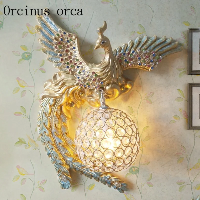 

French garden hand-painted Blue Phoenix wall lamp bedroom living room TV wall corridor balcony carving LED wall lamp