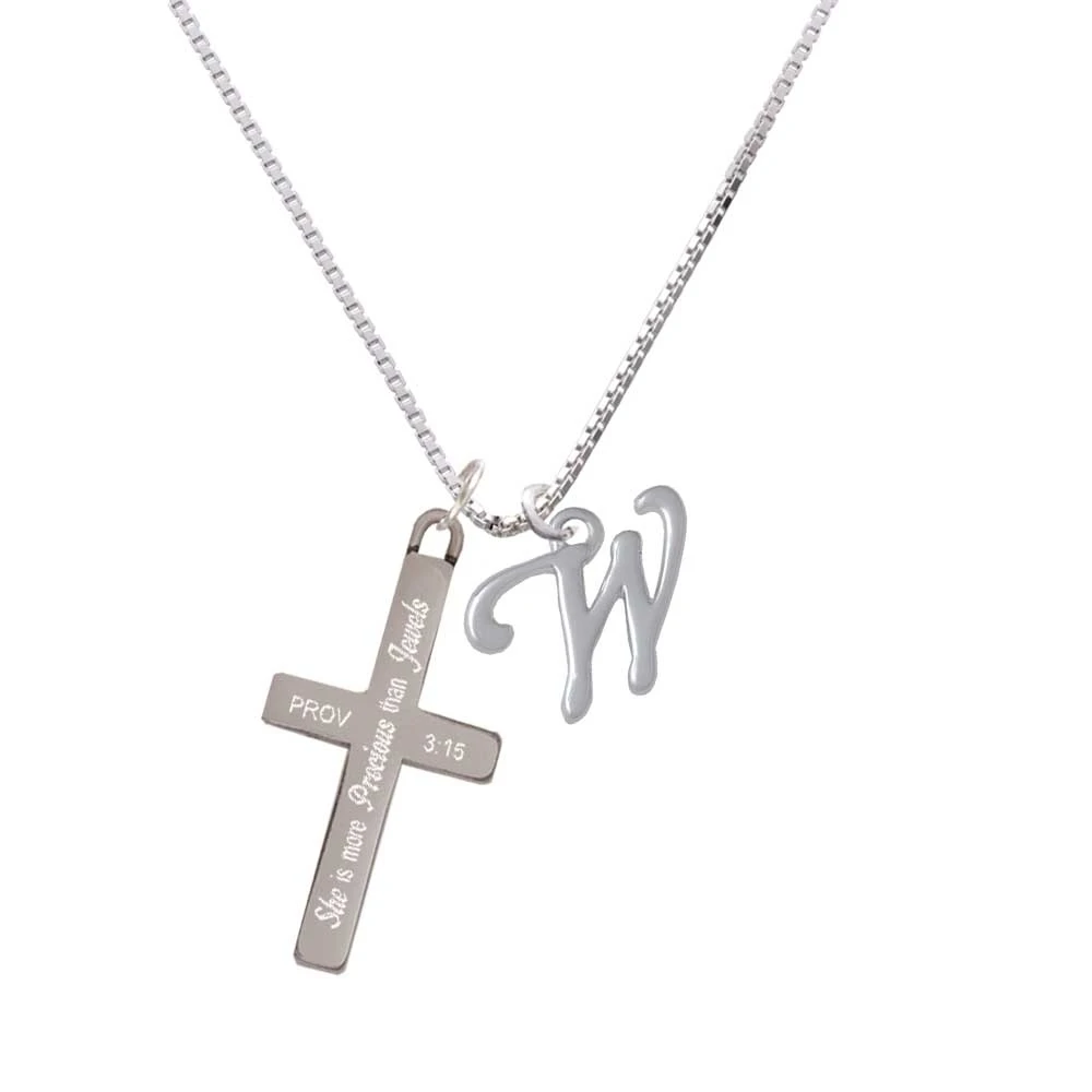 Small Gelato Script Initial - W - - She is More Precious - Cross Necklace
