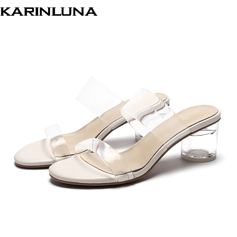 

Karinluna Brand Design PVC Summer Elegant Date Women Shoes Woman Square Heels Party Shoes Woman Mules Pumps Sandals