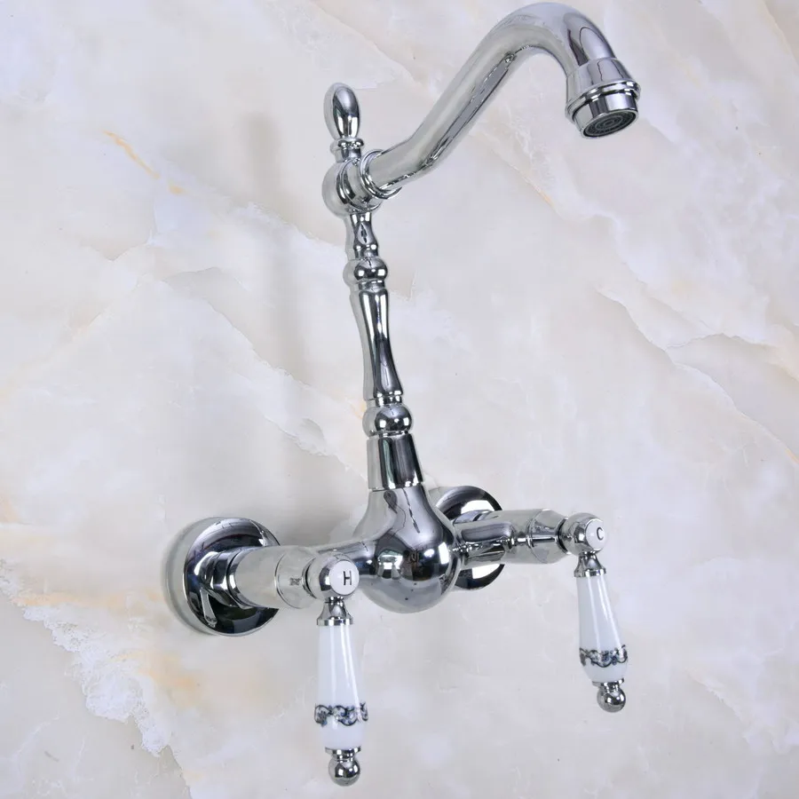 Polished Chrome Brass Wall Mounted Double Ceramic Handles Levers Bathroom Kitchen Sink Faucet Mixer Tap Swivel Spout anf958