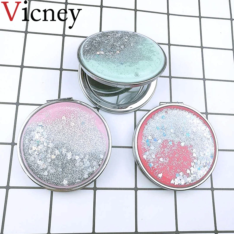 

Fashion Women Mini Pocket Makeup Mirror Creative Cosmetic Compact Mirrors With flowing sparkling sand can wholesale Lettering
