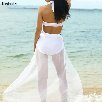 

Plus Size High Waist Bikinis Women Swimsuits Long Skirt Transparent Gauze Bottom Bikini Padded Retro Bandage Black White Bikinis