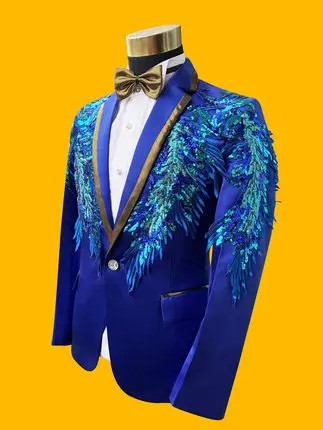 Реальные роскошные мужские Королевский синий блестками вышивка смокинг костюм/событие/сцены/куртка с брюки для девочек и бабочкой
