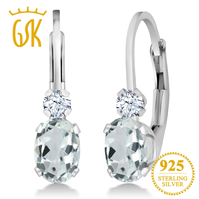 

GemStoneKing 0.94 Ct Natural Sky Blue Aquamarine White Sapphire 925 Sterling Silver Leverback Earrings For Women Fine Jewelry