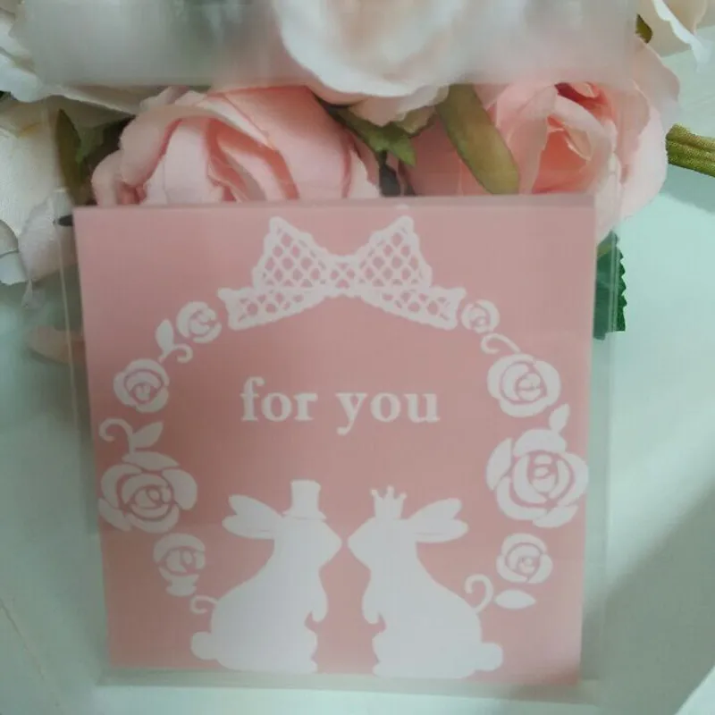 

500Pcs/Lot 7*7cm "for you" Pink Rabbit Plastic Cookie Cake Packaging Bag for Party Snack Self Adhesive Baking Poly Package