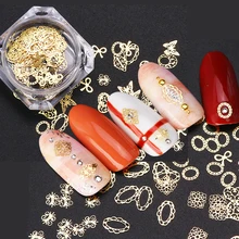 1 коробка, смешанный дизайн, сплав, металлик, блеск для ногтей, 10 видов стилей, золотые украшения, украшение для ногтей, сердце, цветок, украшение, маникюр, LE967