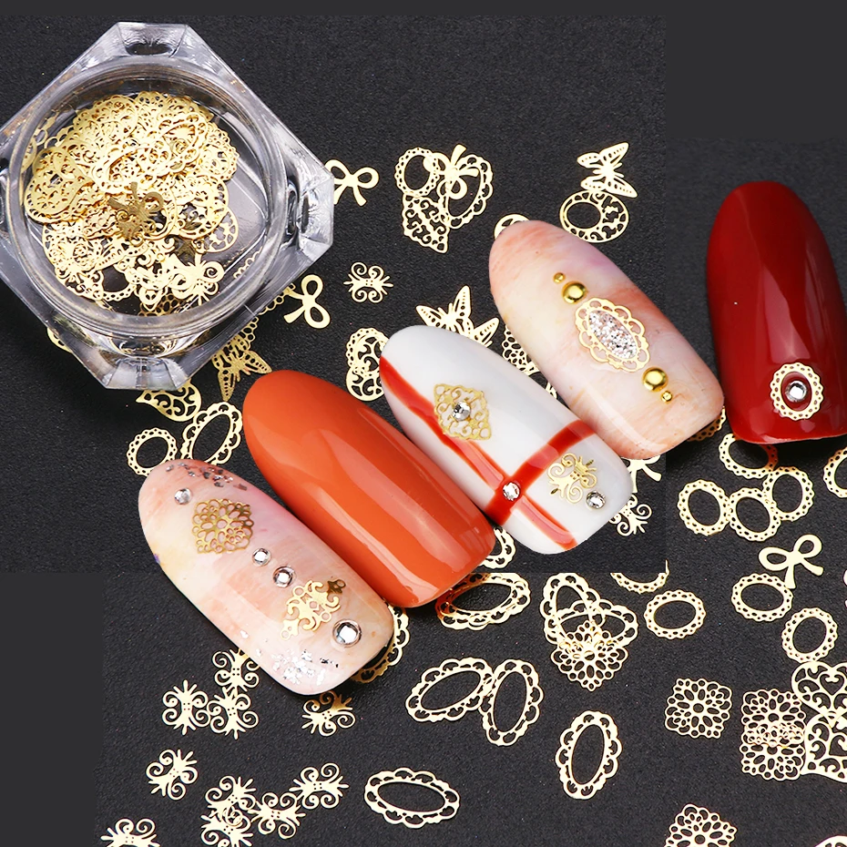 

1Box Mixed Designs Alloy Metallic Nail Glitter 10 Styles Gold Jewelry Nail Art Decoration Heart Flower Decoration Manicure LE967