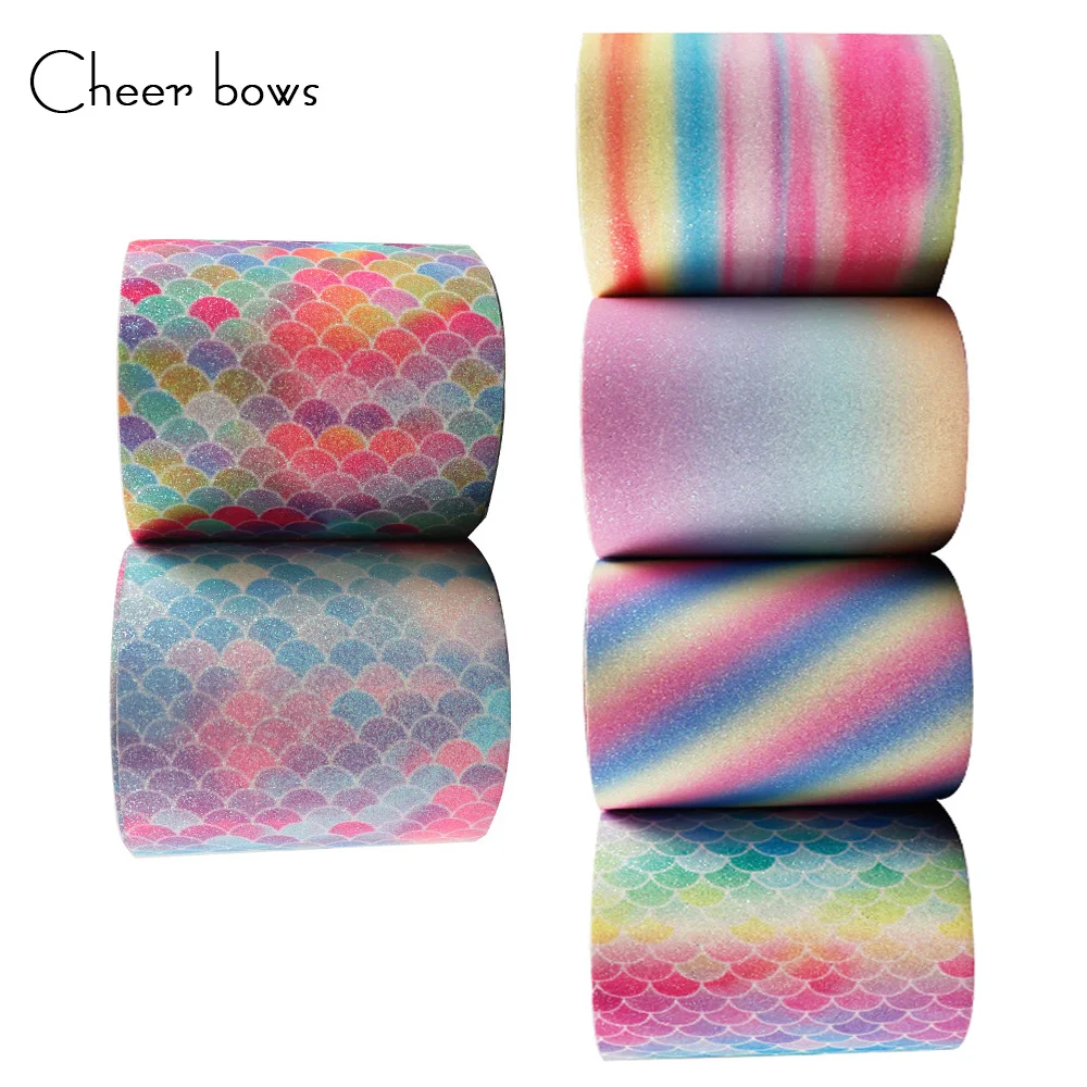 

Wholesale 3''75mm Mermaid Glitter Ribbon Rainbow Shiny Fabric DIY Hairbows Accessories Gift Package Handmade Material