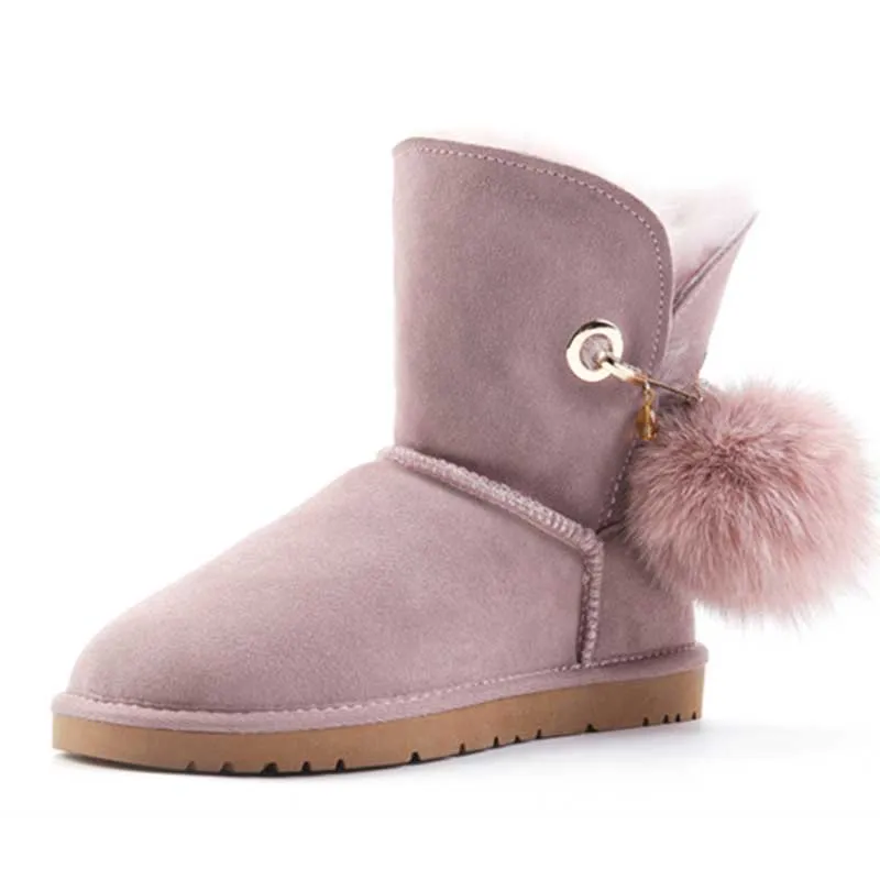 Классические зимние женские ботинки из натуральной воловьей кожи на натуральном меху; зимняя обувь высокого качества - Цвет: Pink