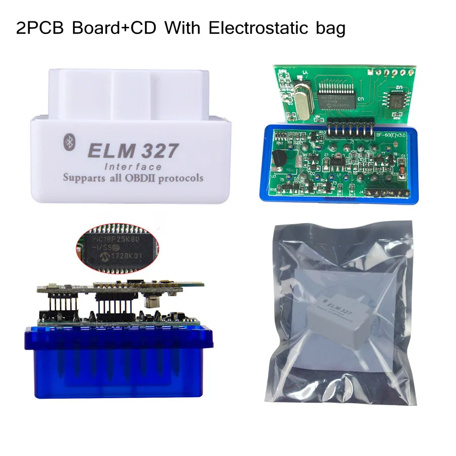 Лучшее качество оборудования V1.5 PIC18F25K80 чип ELM327 Bluetooth 1,5 работает Android Windows диагностический инструмент ELM 327 - Цвет: White 2PCB