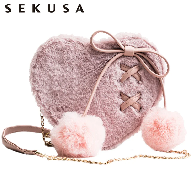 

SEKUSA Heart Design Women Small Day Clutches Rabbit Fur Bow PU Lady Evening Bags For Party Wedding Handbags