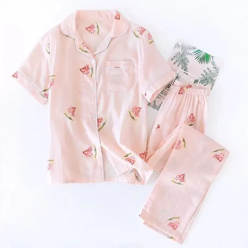Летние Фламинго 100% марлевые хлопковые свежие пижамы женские брюки с коротким рукавом пижамы повседневные корейские женские пижамы новая