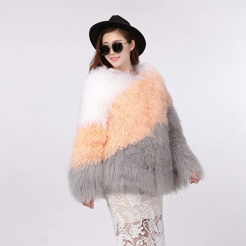 Высокая уличная мода, женская Роскошная парка из овчины, мех ягненка, смешанные цвета, монгольский овечий мех, жилет, верхняя одежда, зимняя куртка