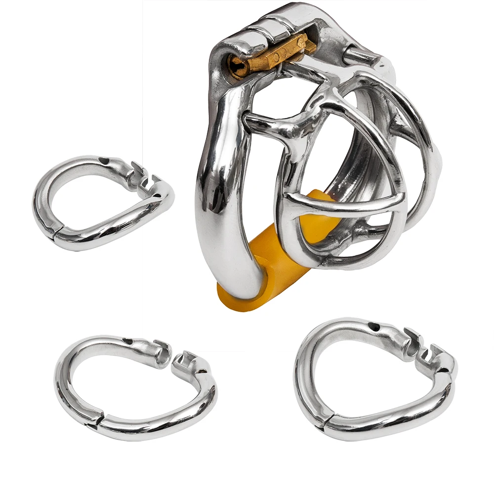 Include 3 Rings Ergonomic Design Male Chastity Device,Easy to Wear Stainless Steel Cock Cage