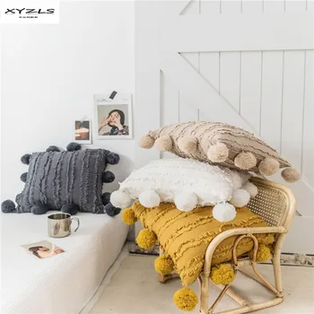 

Decorative Cushion Cover Floral Tassels Square Pillow Cover With Pompom Yellow White Grey Cushion Case For Sofa Bed Car 45x45cm